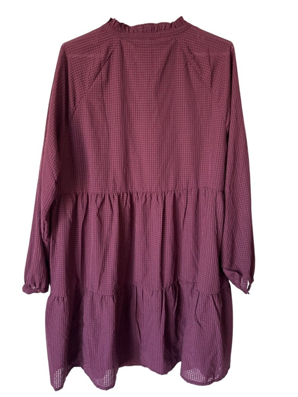 Ichi Day Dress Large Gingham Ruffle Tie V Neck Long Sleeve Tiered Mini Burgundy - Picture 2 of 5